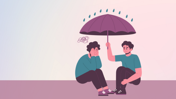 Eine Person hält einer anderen einen schützenden Schirm über den Kopf