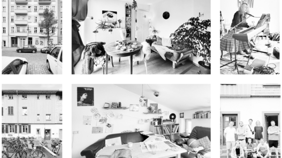 Sechs Bilder aus der Fotoreihe von Magdalena Bausch, die jeweils Außenansicht, Wohnzimmeransicht und Portärt der Bewohner*innen zeigen.