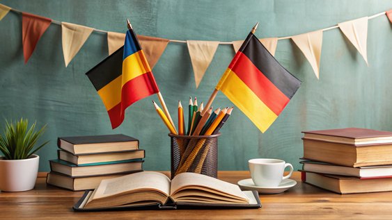German Language Learning Concept with Books, Flags, and Educational Materials on a Desk Background